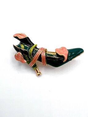 Kenneth Jay Lane Green and Pink Enamel Floral Horn Brooch